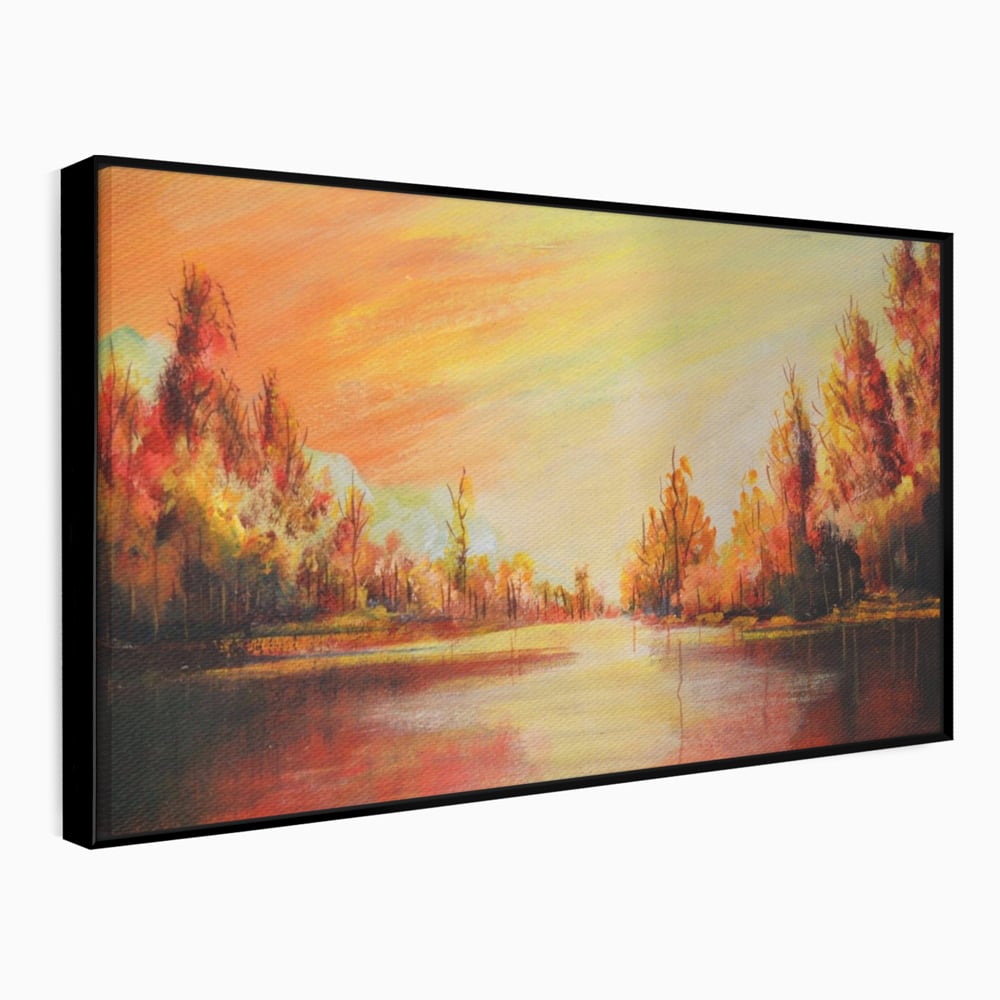 Tablou canvas cu pictura cu peisaj de toamna si lac, in rama de aluminiu negru